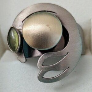 Retro Architectural Ring - Aluminum, Brass & Green Stone - Size 6